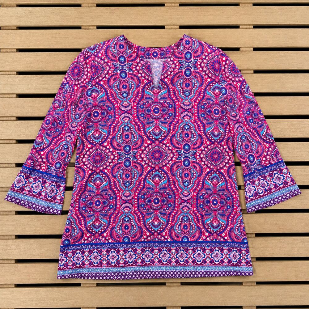 Coolibar St Lucia Tunic Top Womens Sz XL Pink Blue Paisley UPF 50+ Resort Beach